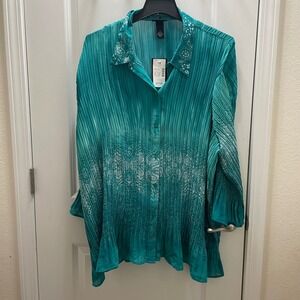 Liz & Me Platinum Collection Turquoise Pleated Ombre Print Tunic Top 4X